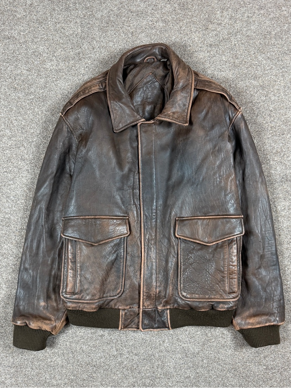Vintage Brown Leather A2 Flight Bomber Jacket Mens L Knit Cuffs Waistband Patina